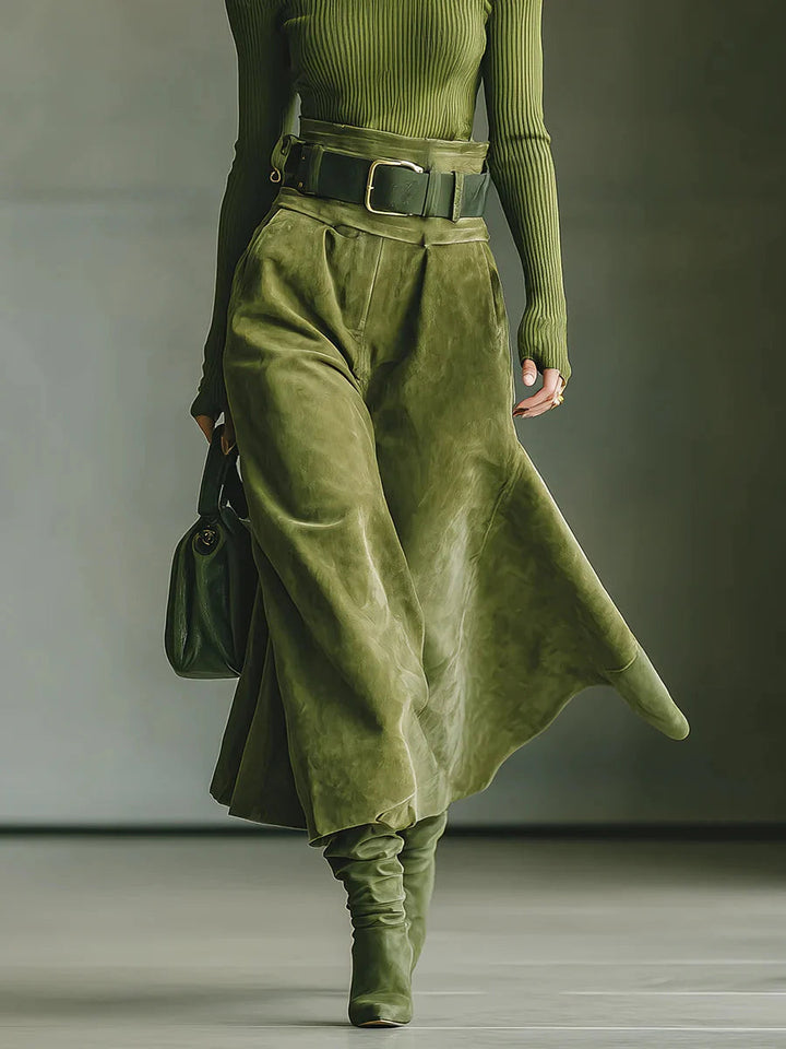 Lower body view of green textured skirt and boots in matching set