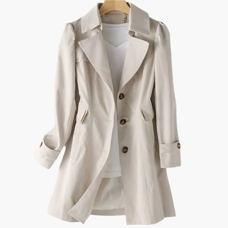 Close up fabric detail of womens business casual longline blazer coat