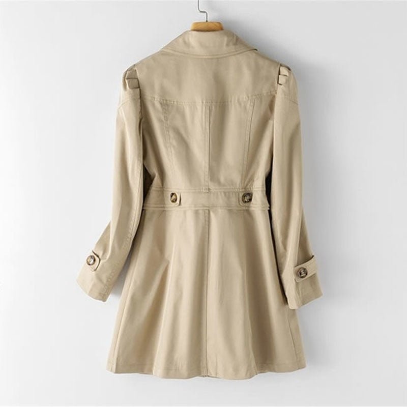 Full length view of womens tailored longline blazer coat in neutral tones