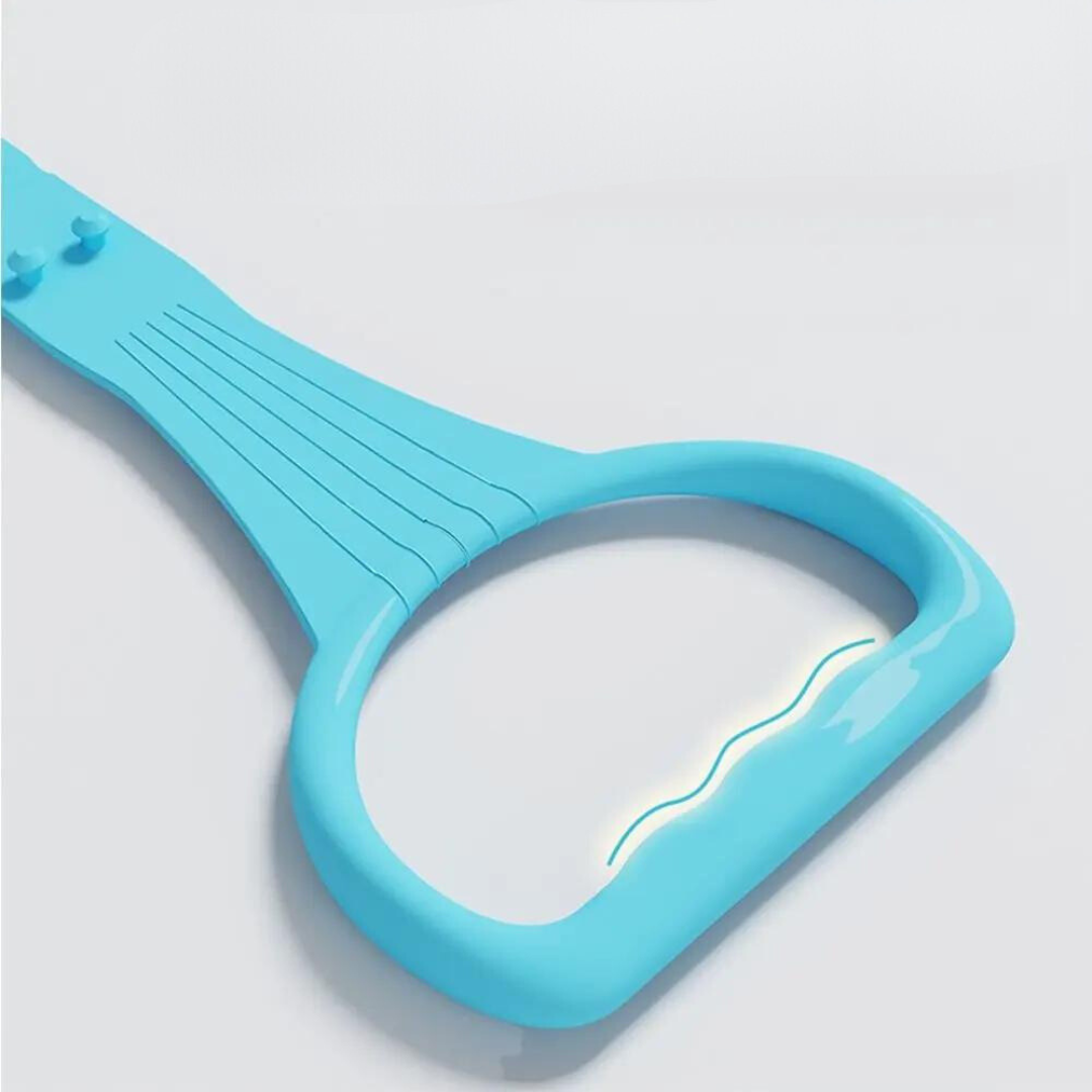 Close up of a blue baby pull up ring with textured grip