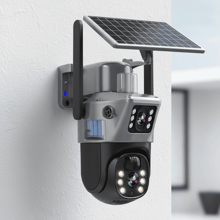 DualGuard Solar 4K security camera mounted on an outdoor wall with solar panel