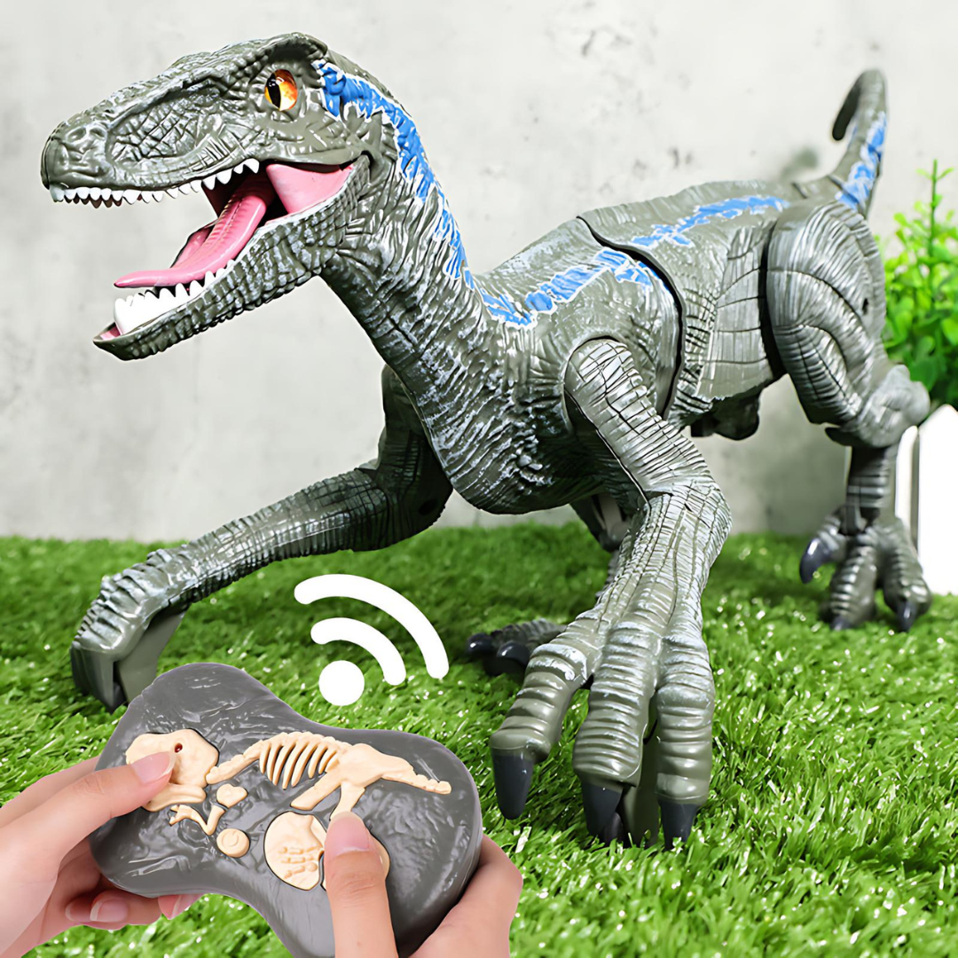 Velociraptor remote control dinosaur toy in green and blue with controller on grass