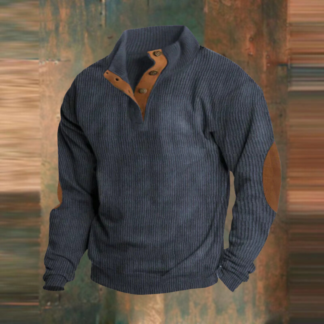 Men's navy blue ribbed button-collar knit jumper with elbow patches