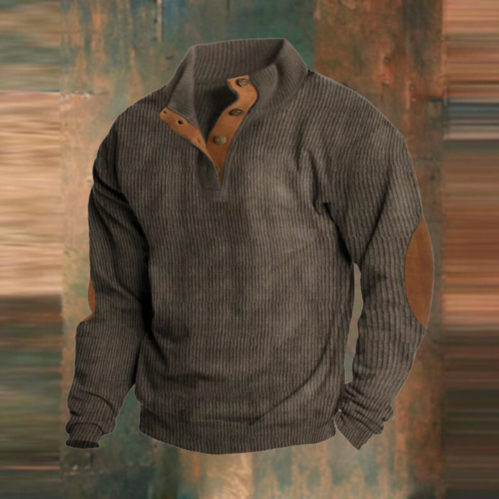 Men's brown ribbed button-collar knit jumper showcasing texture and buttons