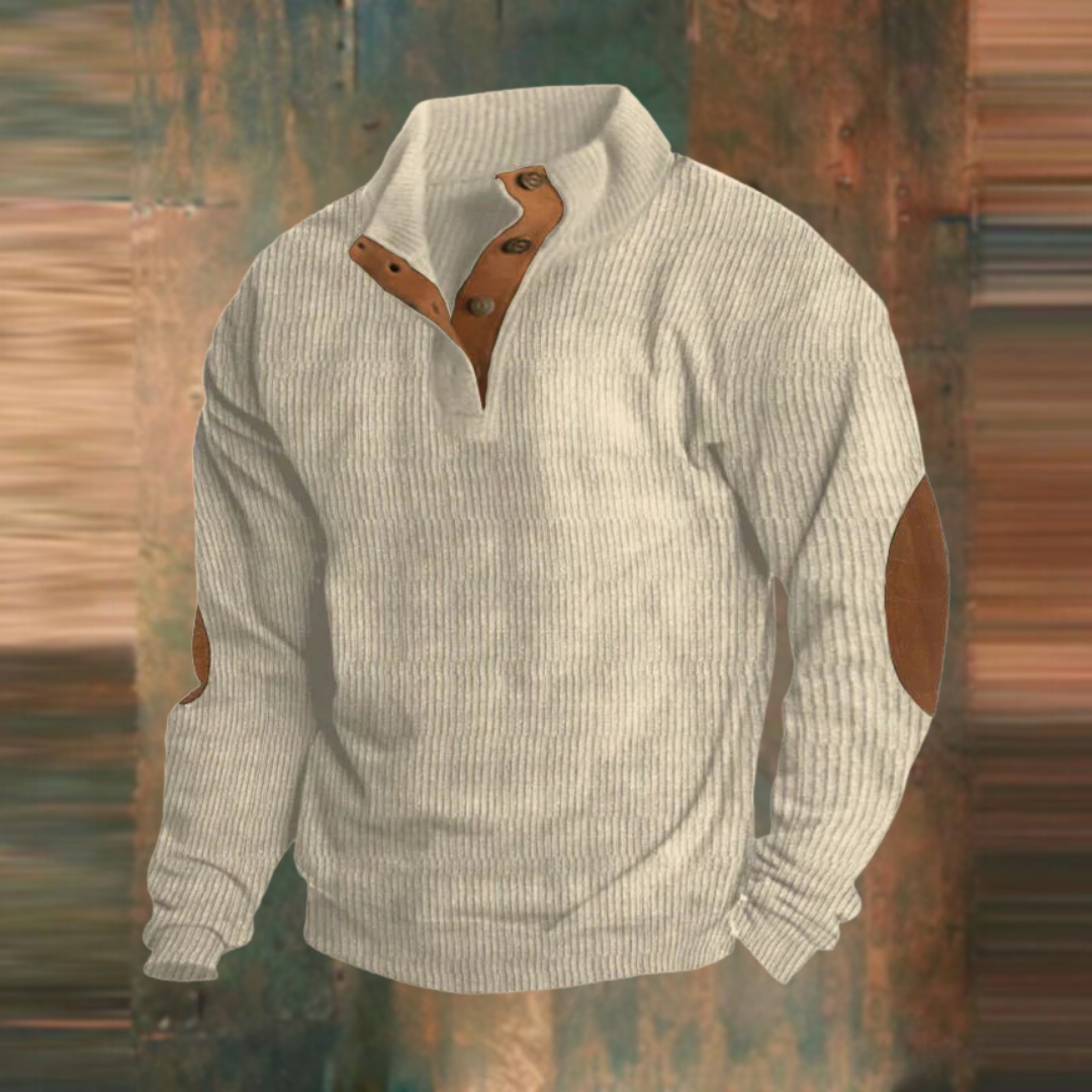 Mens ribbed knit jumper with button collar for autumn fashion and casual wear