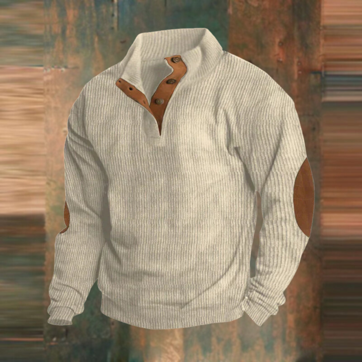 Mens ribbed knit jumper with button collar for autumn fashion and casual wear