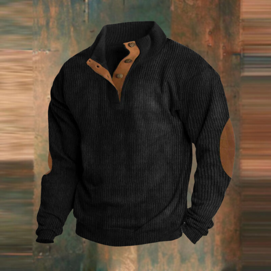 Close-up of mens collared sweater featuring textured knit and button placket