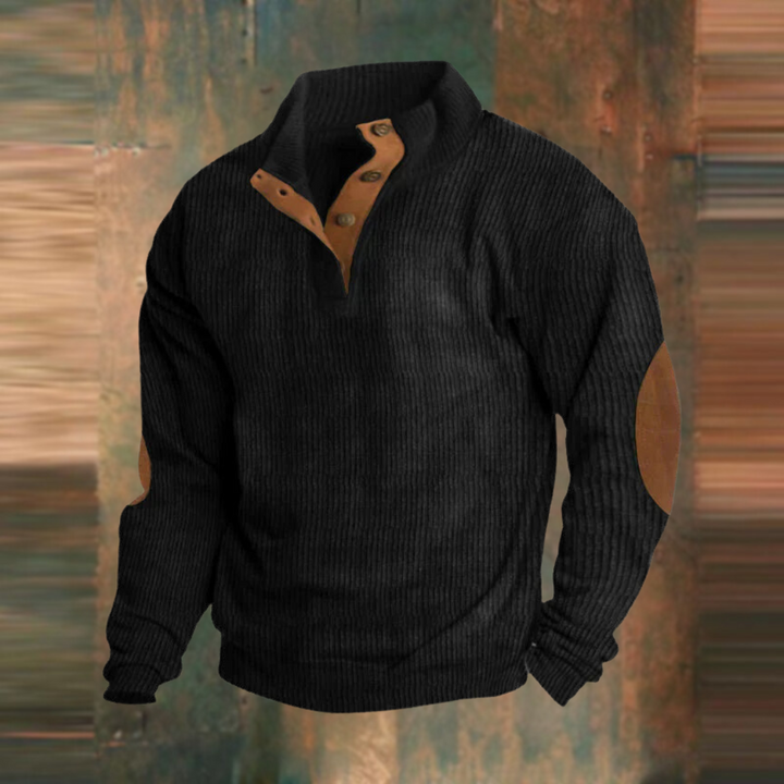 Close-up of mens collared sweater featuring textured knit and button placket