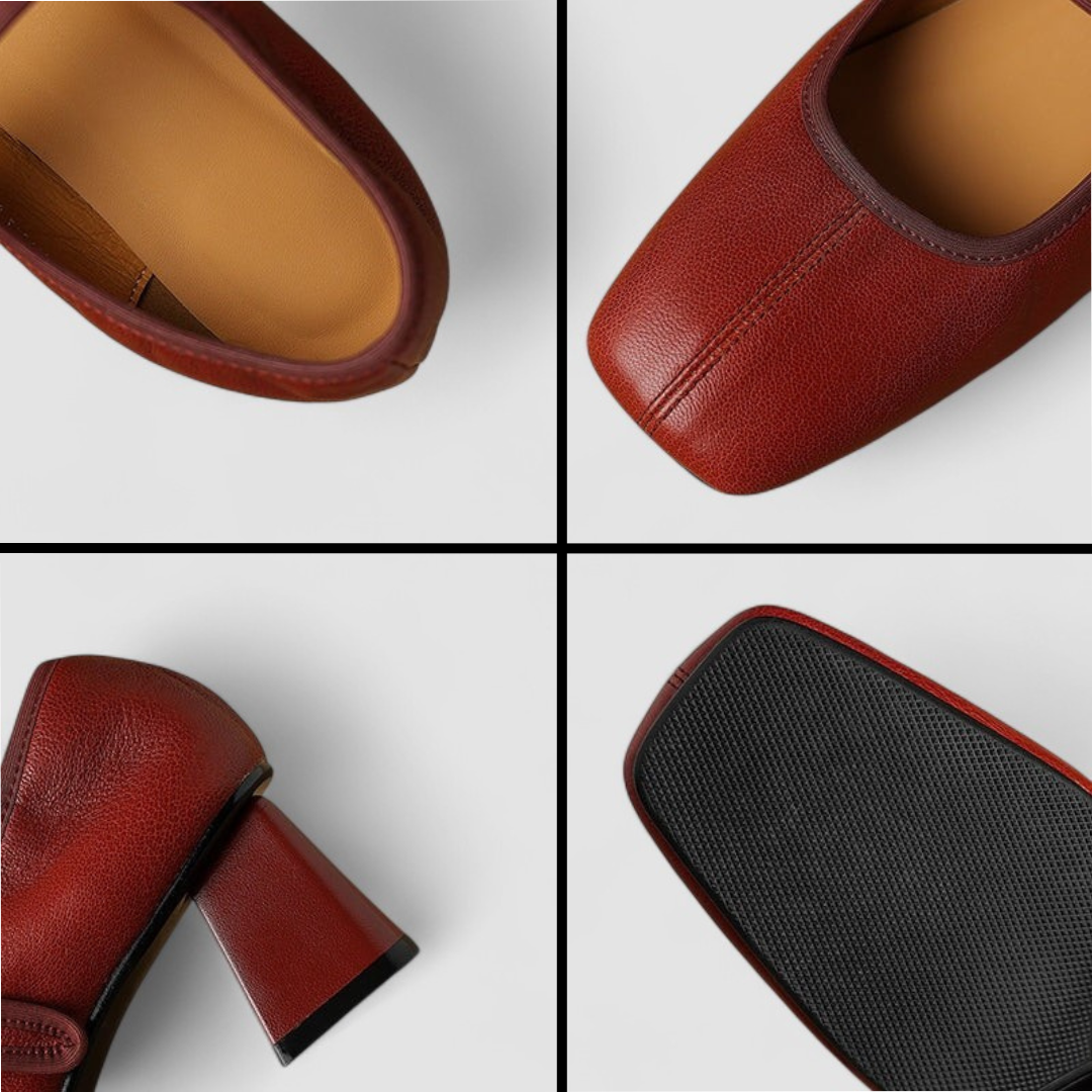 Close-up of supportive block heel on women's comfort Mary Janes