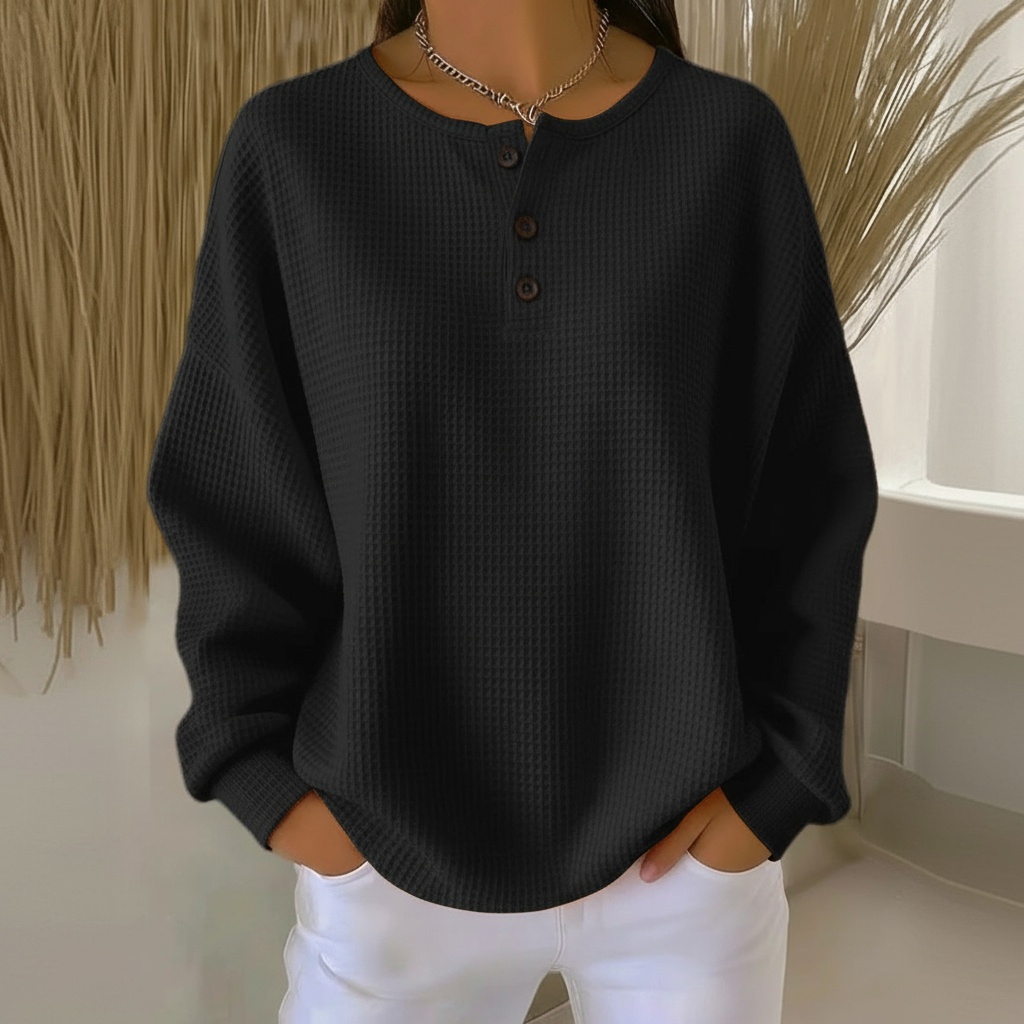 Close-up of waffle knit texture and button placket on a women's pullover