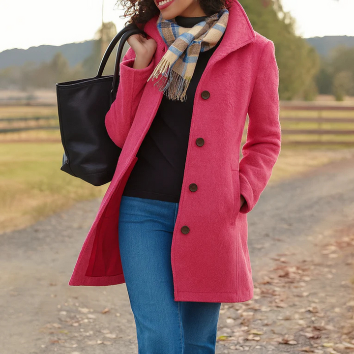 Back view of womens double-breasted winter coat tailored fit