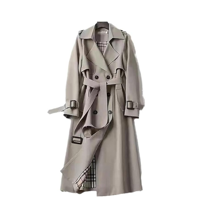 Full length view of elegant womens trench coat styled for autumn