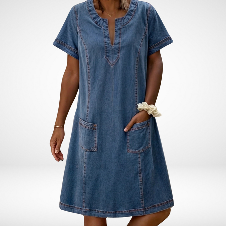 Studio shot of blue casual V-neck dress on model