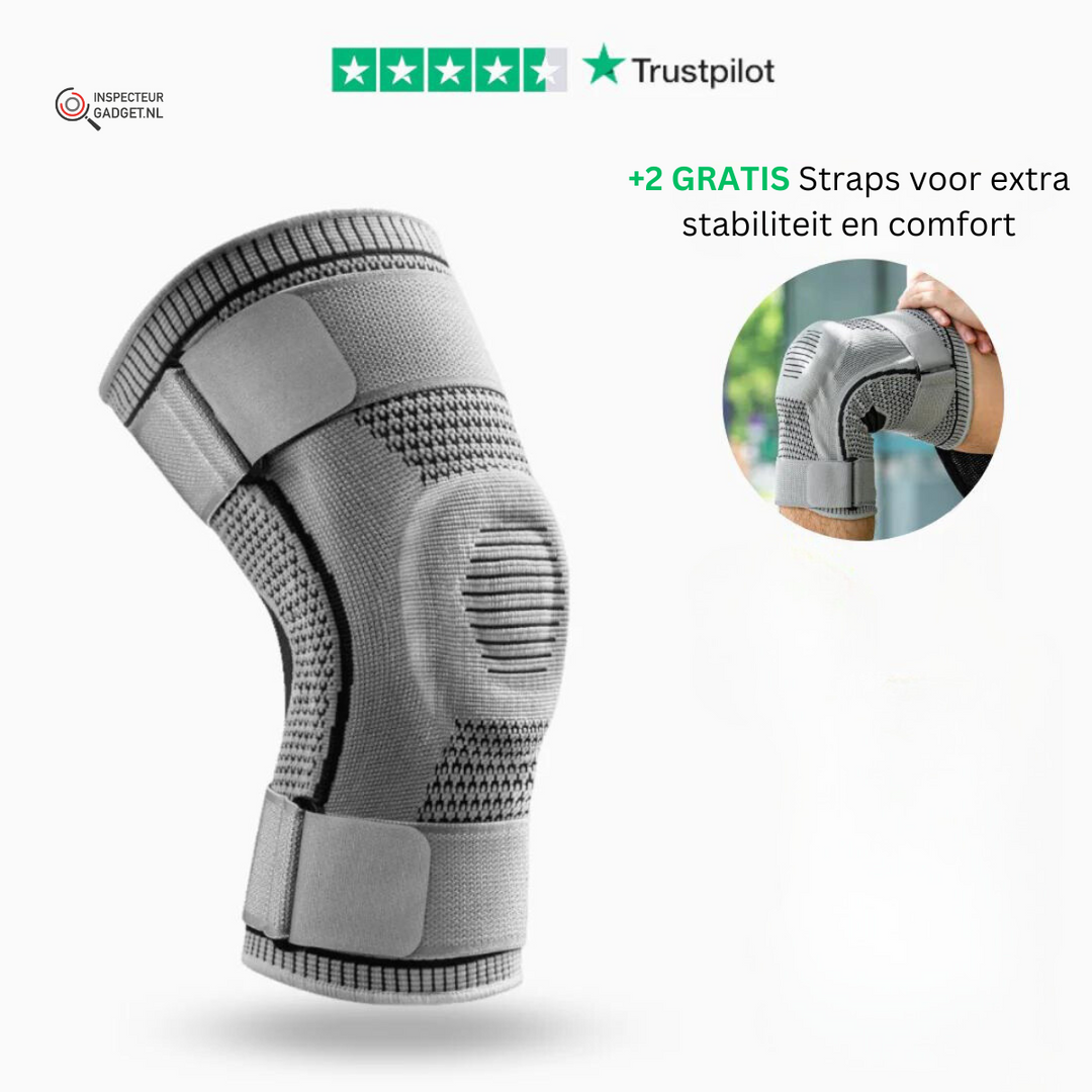 Grey adjustable knee support sleeve with integrated straps displayed on a white background