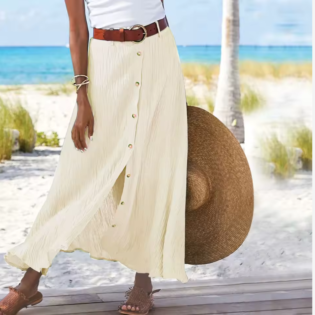 Back view of elegant a-line midi skirt designed for versatile workwear
