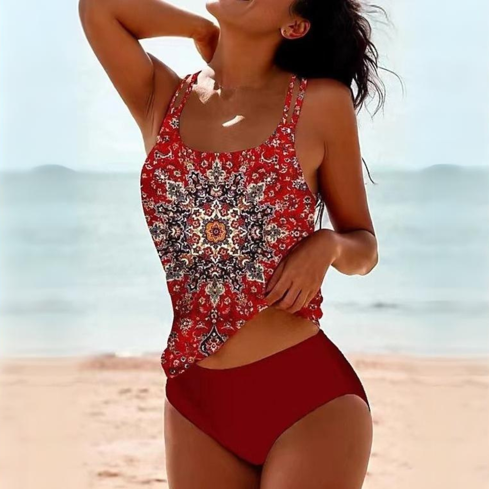 Women's printed tankini swimsuit set showing back view and design details