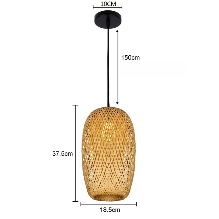 Complete view of a handwoven pendant light styled in a cozy room