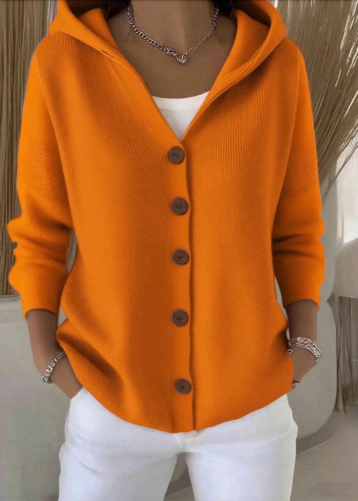 Women's hooded button-front knit cardigan in casual casual layering style
