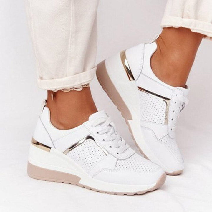 Side view of supportive walking shoes for women with cushioned sole and arch support