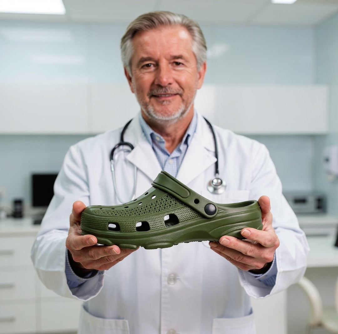 Medical professional holding a green orthopedic comfort clog in a bright clinic