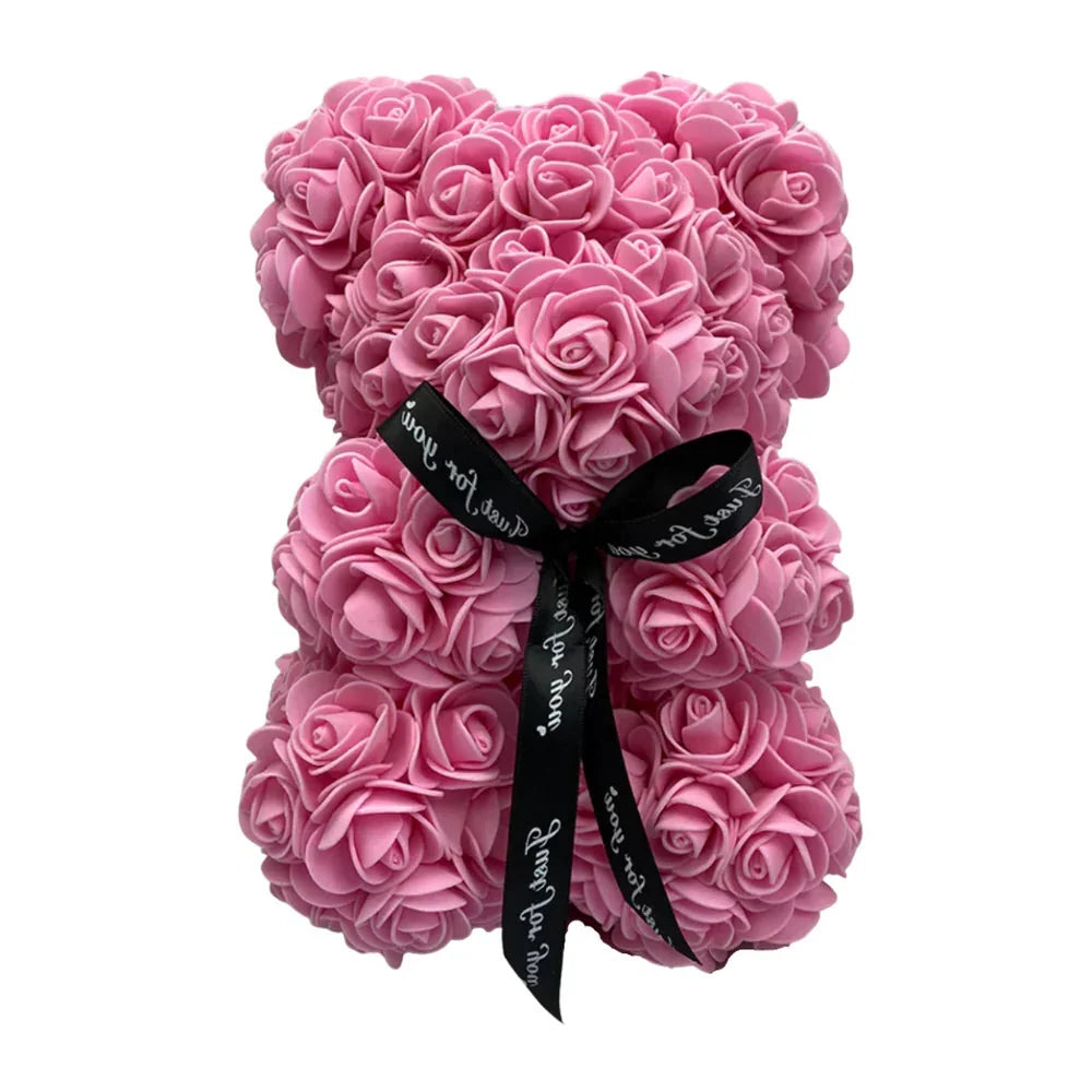 Full body shot of artificial rose teddy bear on display