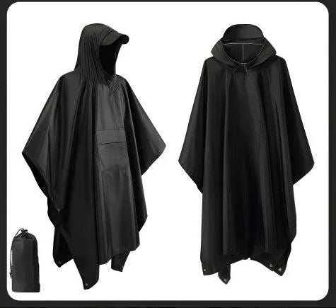 Unisex black waterproof outdoor rain poncho with hood and storage bag