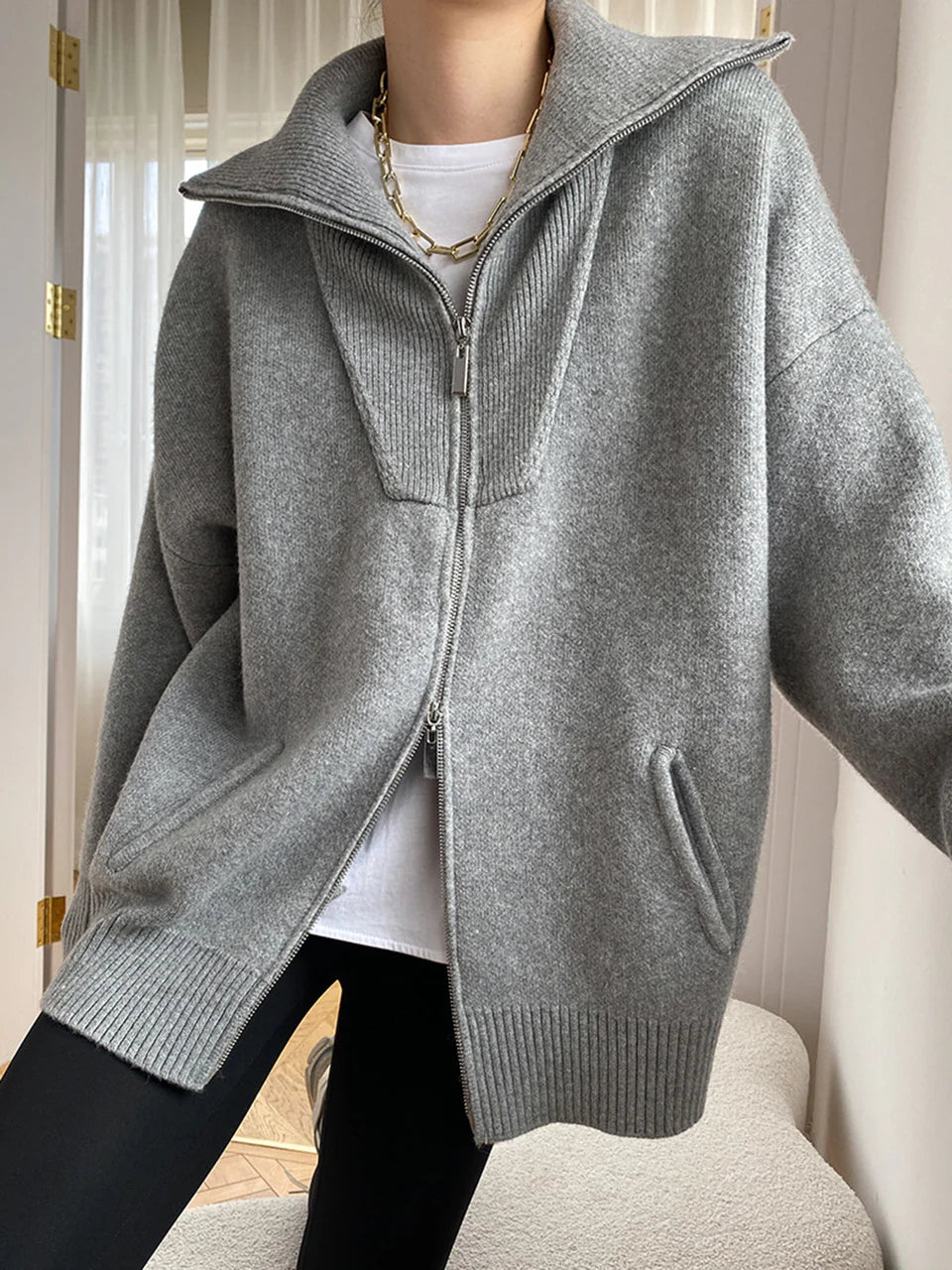 Evera | Women’s Oversized Zip Up Knit Cardigan