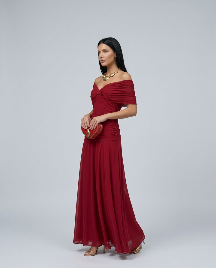 Formal party dress in maxi length with stylish off shoulder bodice