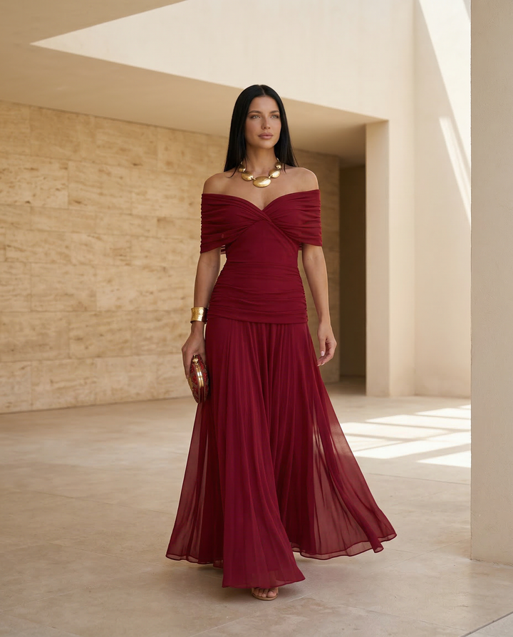 Women's off shoulder maxi dress with elegant draped design in formal style