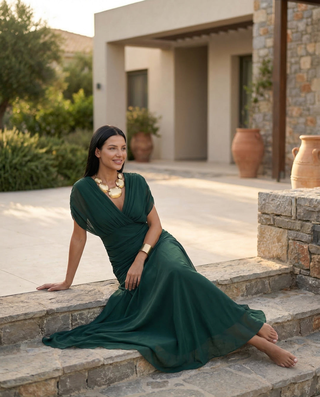 Women's gala maxi dress showcasing beautiful off shoulder draping