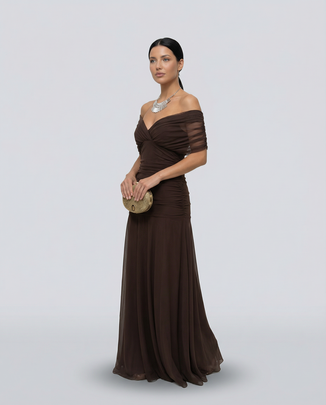 Formal gala maxi dress with fashionable off shoulder neckline