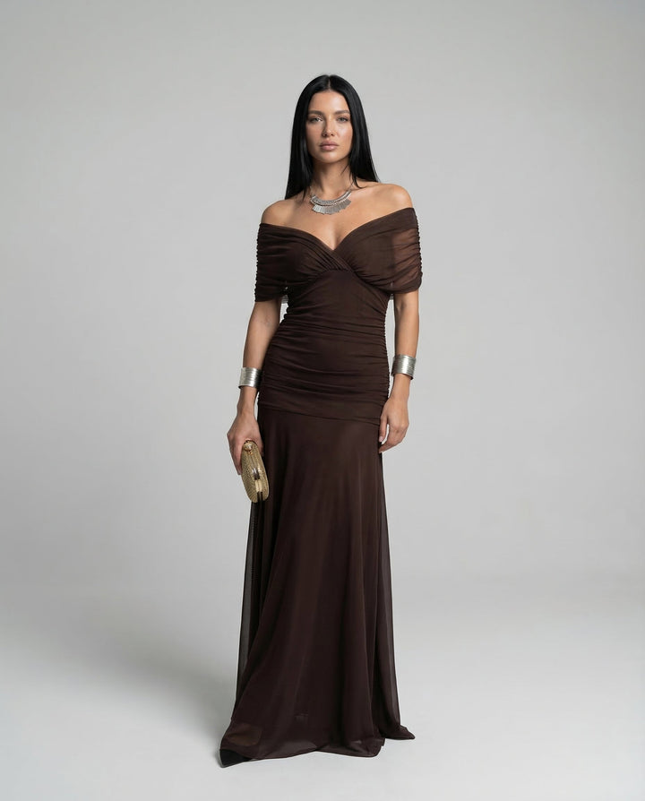 Draped women's maxi dress designed with chic off shoulder neckline