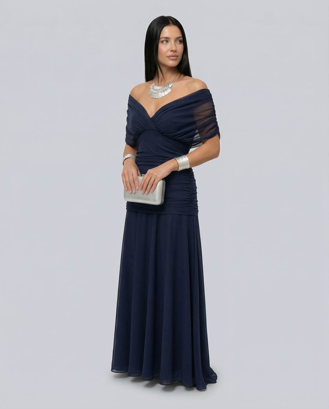 Off shoulder evening gown with graceful drape for special occasions