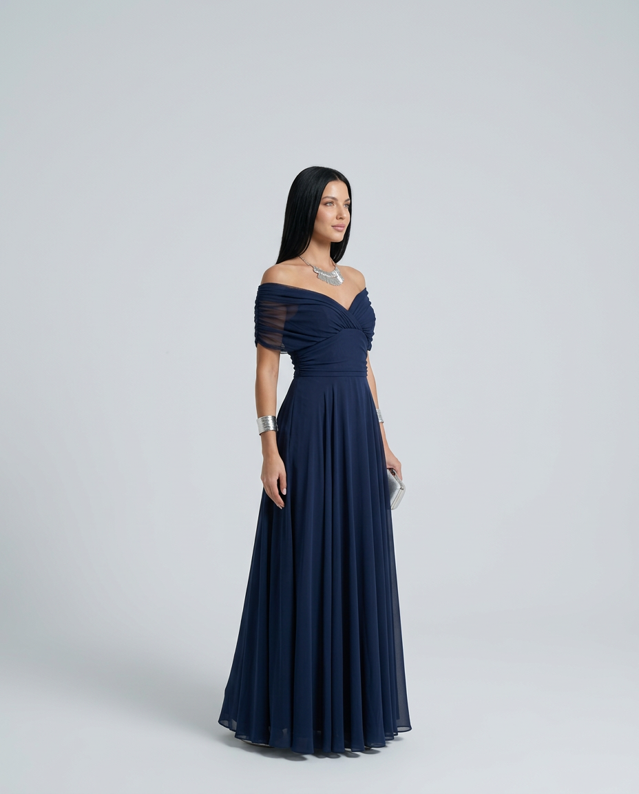 Women's elegant evening maxi dress with romantic off shoulder drape