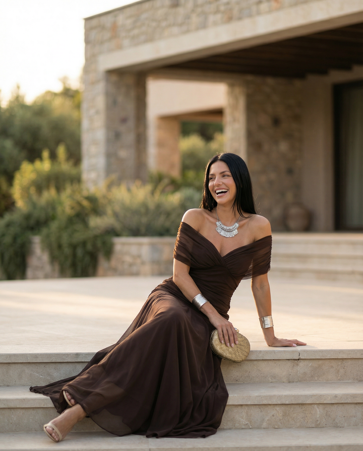 Women's sophisticated maxi dress with stylish off shoulder drape