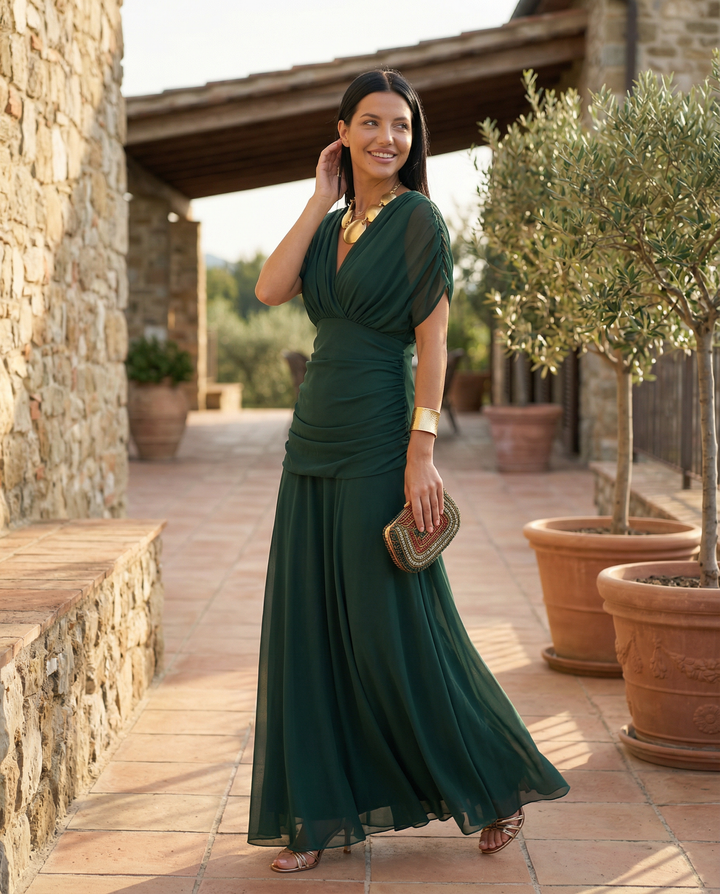 Graceful off shoulder party dress with elegant draped fabric