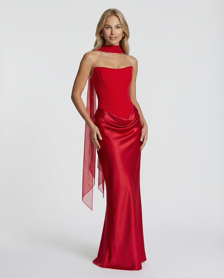 Close-up of the sweetheart neckline on a stylish black corset maxi dress