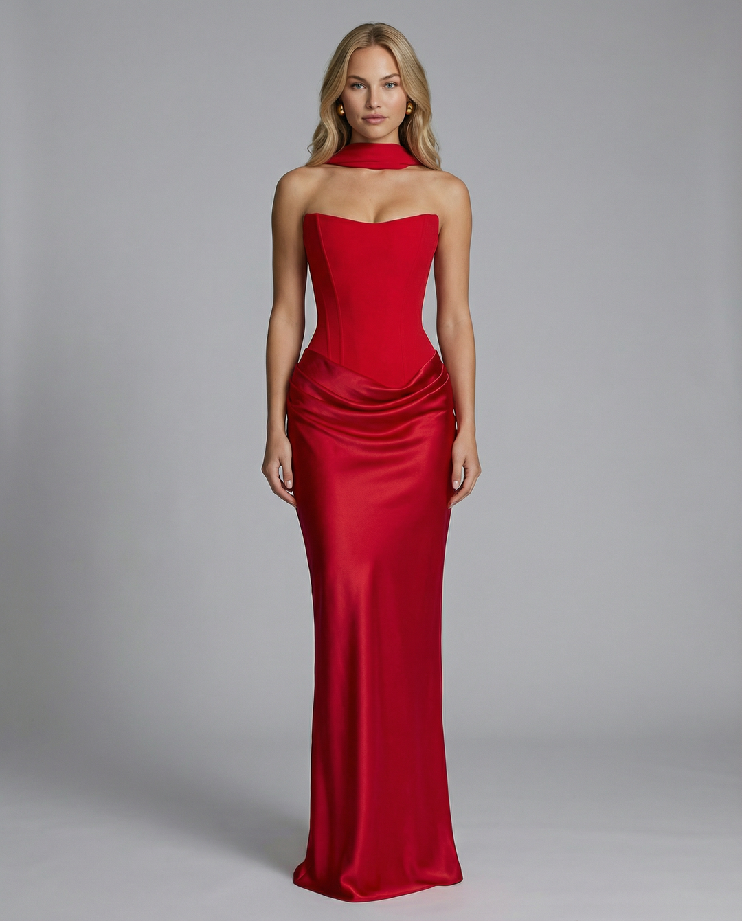 Black corset maxi dress styled with evening accessories for a formal event