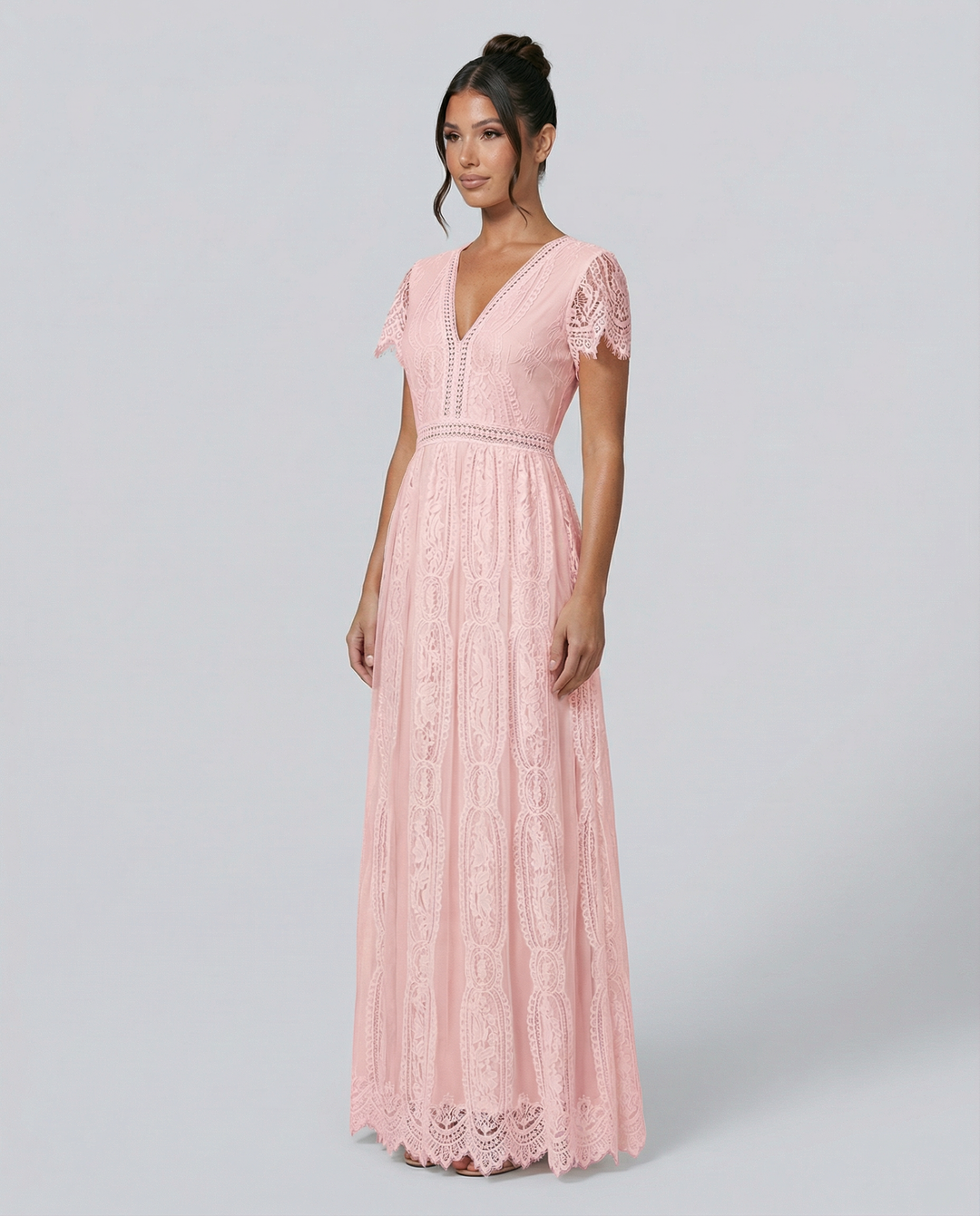 Detailed shot of sheer lace bodice on the elegant women's gown
