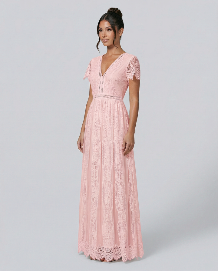 Detailed shot of sheer lace bodice on the elegant women's gown