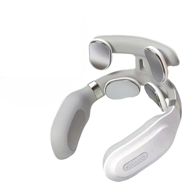 Heated cervical neck massager shown from a top angle highlighting metal contact pads and control buttons.