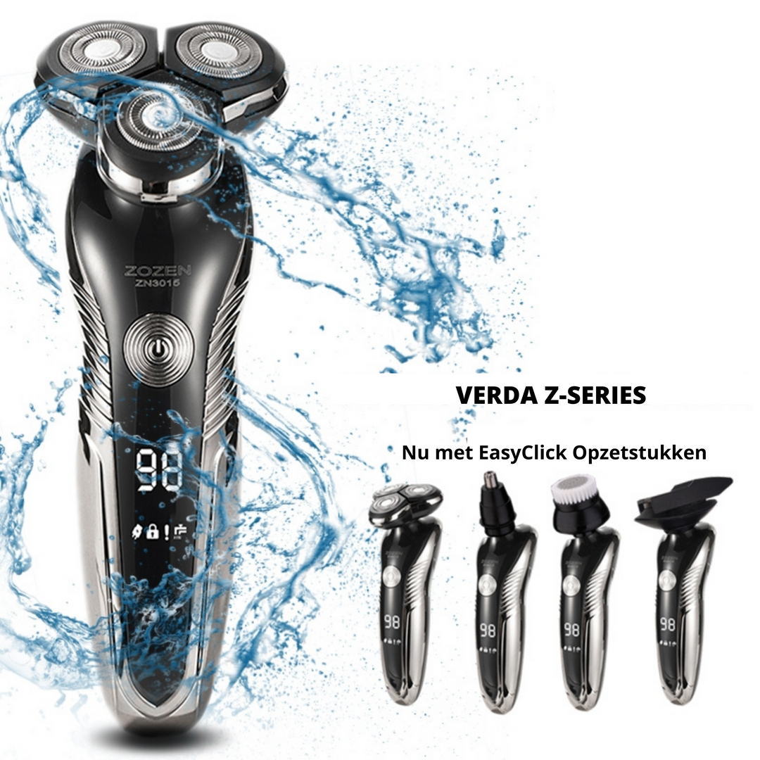 Mens rechargeable wet and dry electric shaver showing ergonomic grip and power button