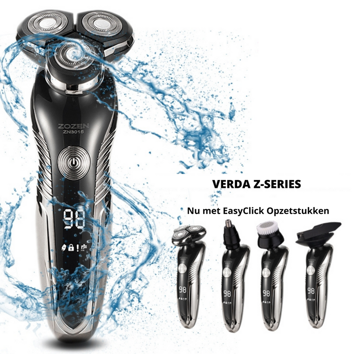 Mens rechargeable wet and dry electric shaver showing ergonomic grip and power button