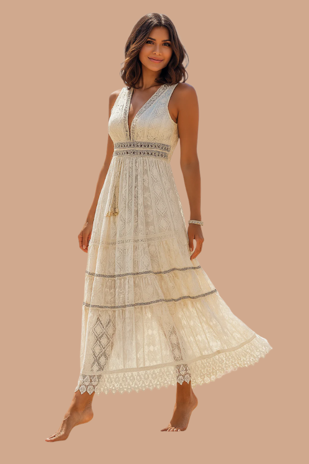 Full-length front view of model in an ecru lace boho maxi dress with tiered textured details.