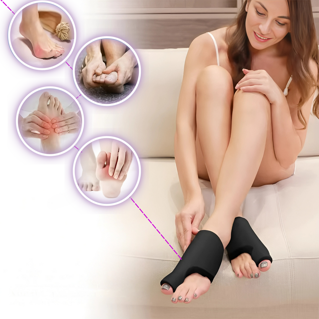 Woman sitting on a couch wearing black hot and cold foot and toe wraps