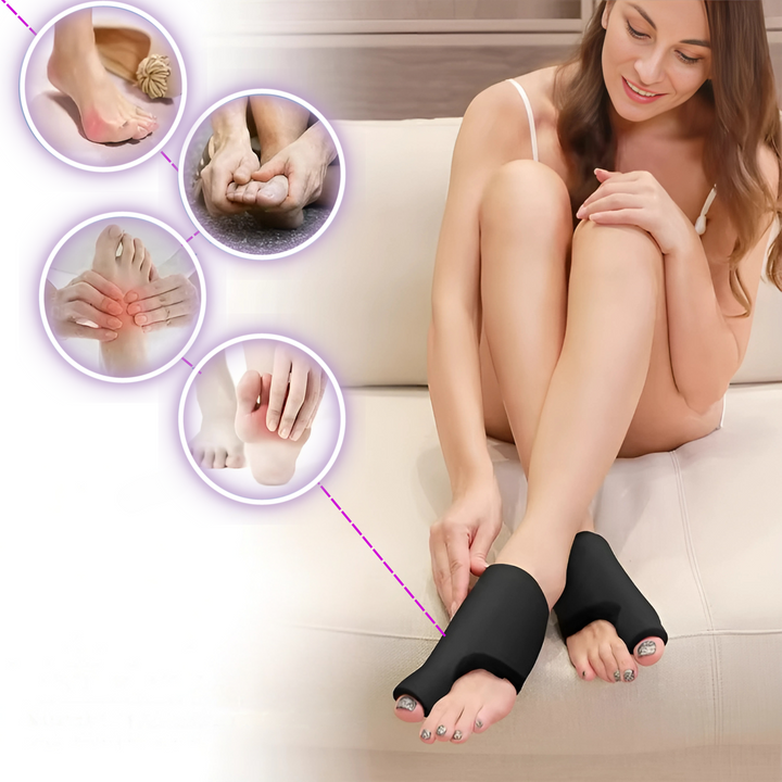 Woman sitting on a couch wearing black hot and cold foot and toe wraps