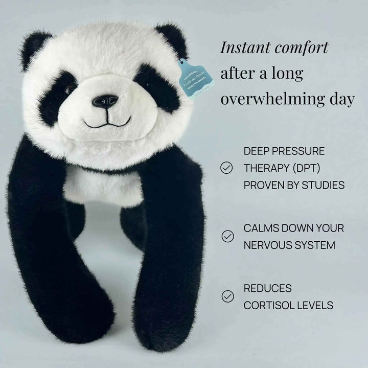 Soft plush panda weighted toy acting as comfort pillow
