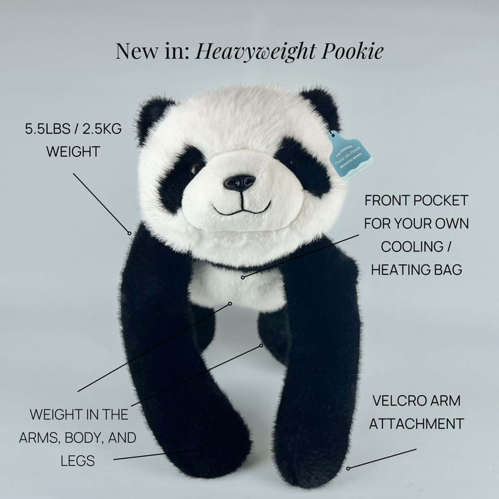Studio view of the weighted panda plush highlighting its physical features and weighted arms