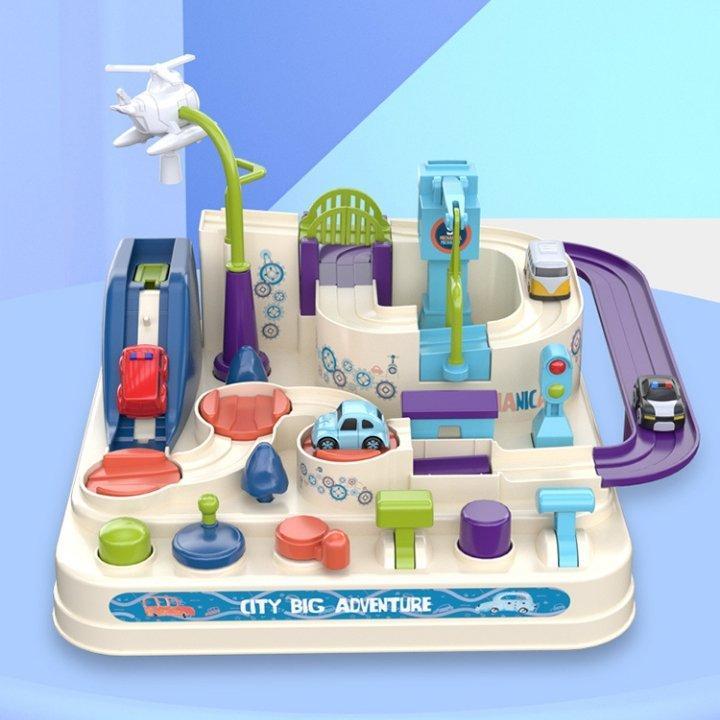 Full view of kids interactive car adventure toy with multiple vehicles