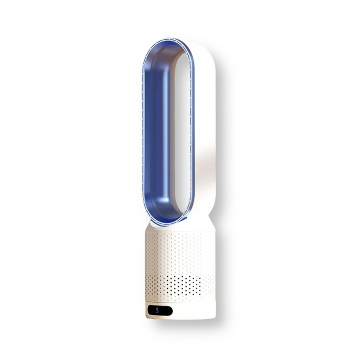 Portable 3-in-1 home cooling fan placed on a bedside nightstand at night
